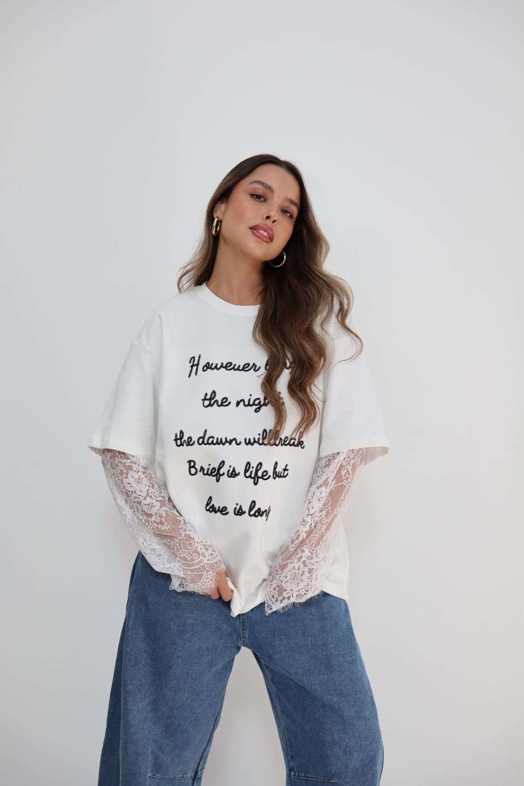 חולצת הדפס שרוול תחרה