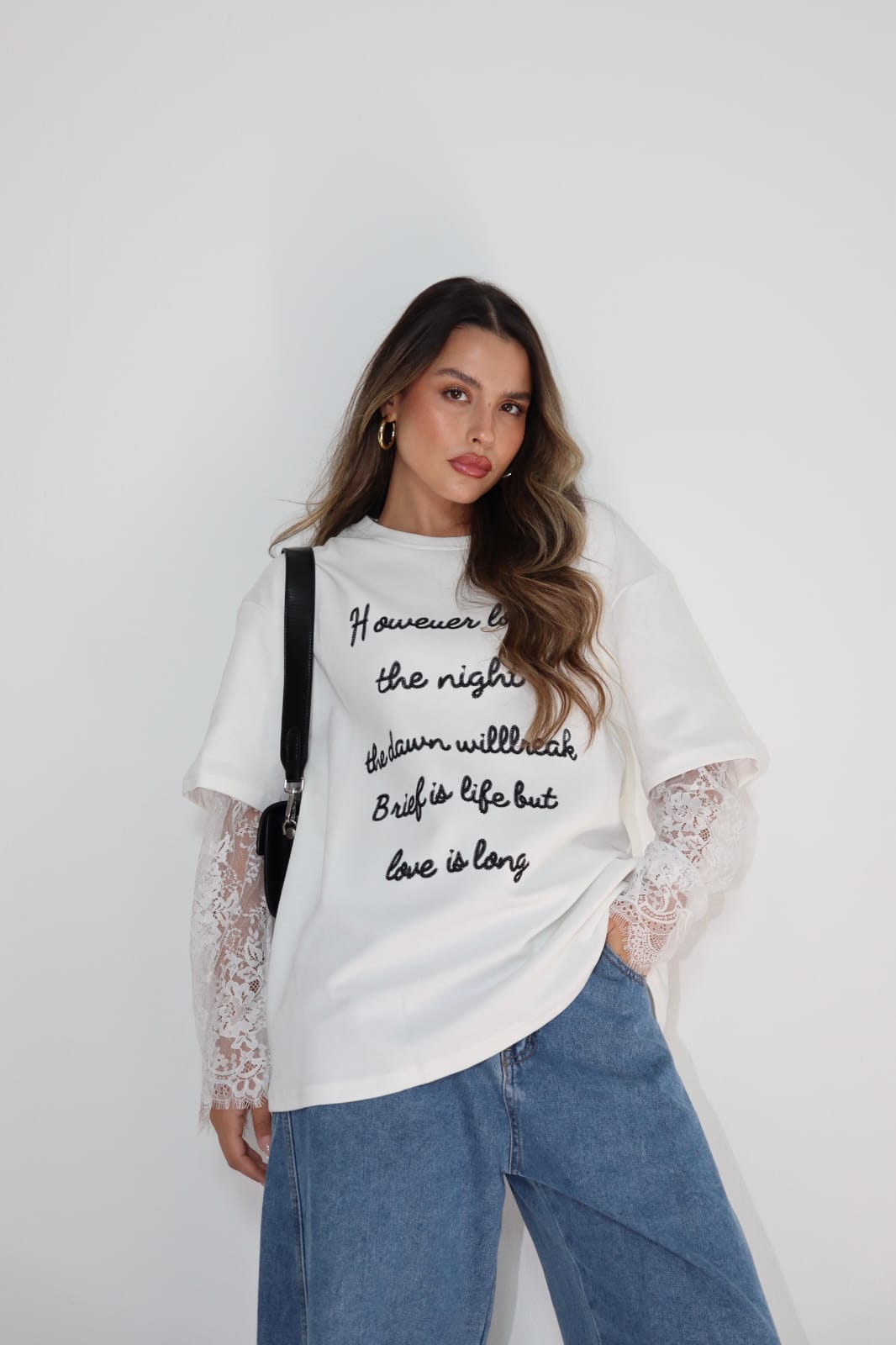 חולצת הדפס שרוול תחרה