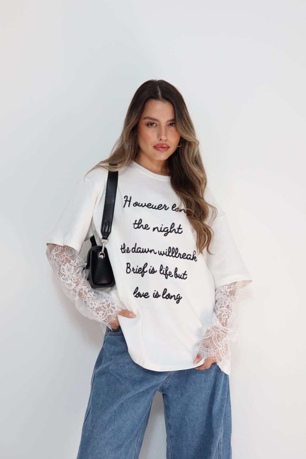 חולצת הדפס שרוול תחרה