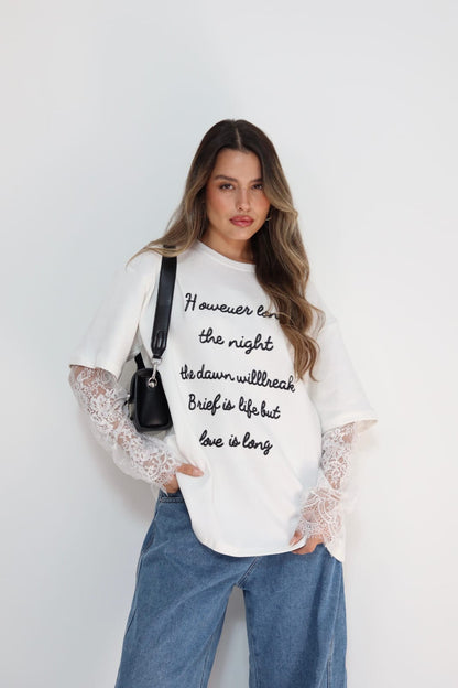 חולצת הדפס שרוול תחרה